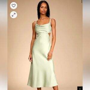 Stun to Remember Sage Green Satin Cowl Neck
Cutout Midi Dress